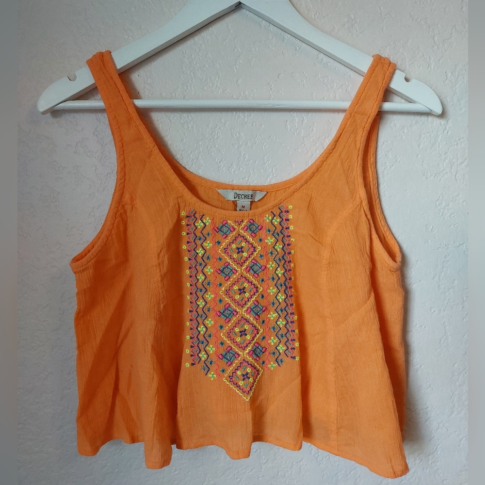 Orange Embroidered Cropped Tank Top